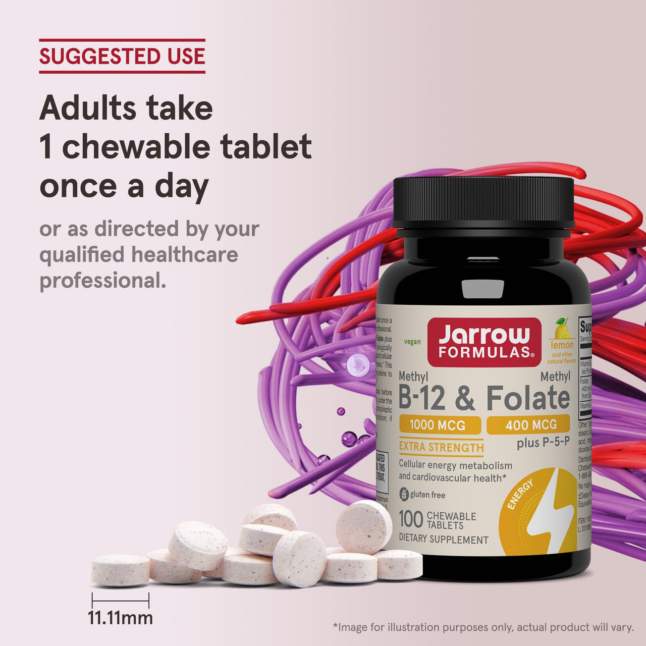 Jarrow Formulas Methyl B-12 & Methyl Folate, Bioactive Vitamin B9 & Vitamin B12 Supplement, Supports Cellular Energy Production, Healthy Brain Function & Metabolism, 100 Chewable Tablets, 100 Servings