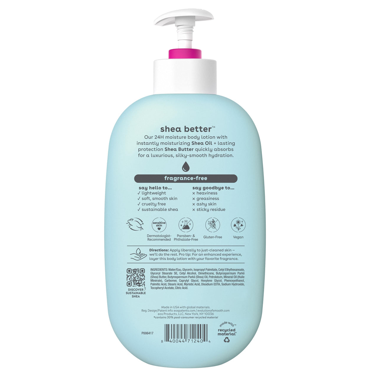 eos Shea Better Body Lotion- Fragrance Free, 24-Hour Hydration Skin Care, 16 fl oz