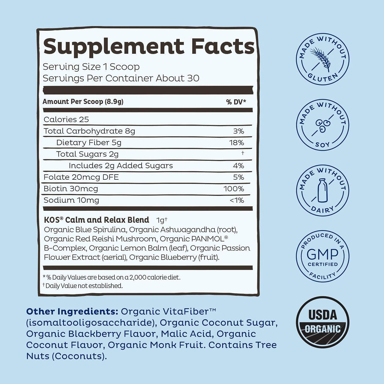 KOS Calming Blue Spirulina Blend- USDA Certified Organic - Algae Superfood Powder with Ashwagandha Root, Lemon Balm, Reishi Mushroom, B Vitamins - Berry Coconut Cooler Flavor, 28 Servings