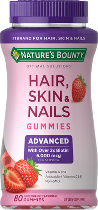 Thumbnail for Nature's Bounty Optimal Solutions Advanced Hair, Skin, Nails, 2X Biotin, 80 Strawberry Gummies, 40 Total Servings