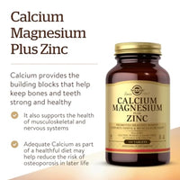 Thumbnail for Solgar Calcium Magnesium Plus Zinc, 100 Tablets - Promotes Healthy Bones and Teeth - Supports Nerve & Muscle Function - Non GMO, Vegan, Gluten Free, Dairy Free, Kosher, Halal - 33 Servings