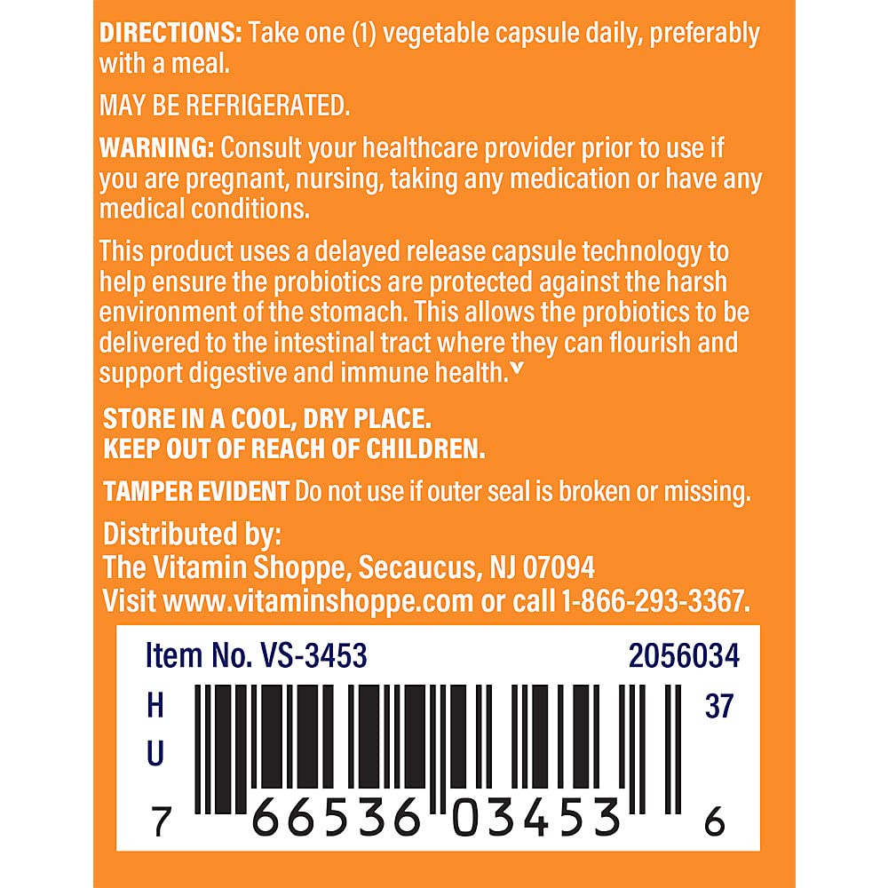 The Vitamin Shoppe Probiotic Delayed Release 30 Billion - with 10 Probiotic Strains to Support Digestive, Immune & Vaginal Health or Yeast Imbalance - Shelf Stable (60 Veggie Caps)