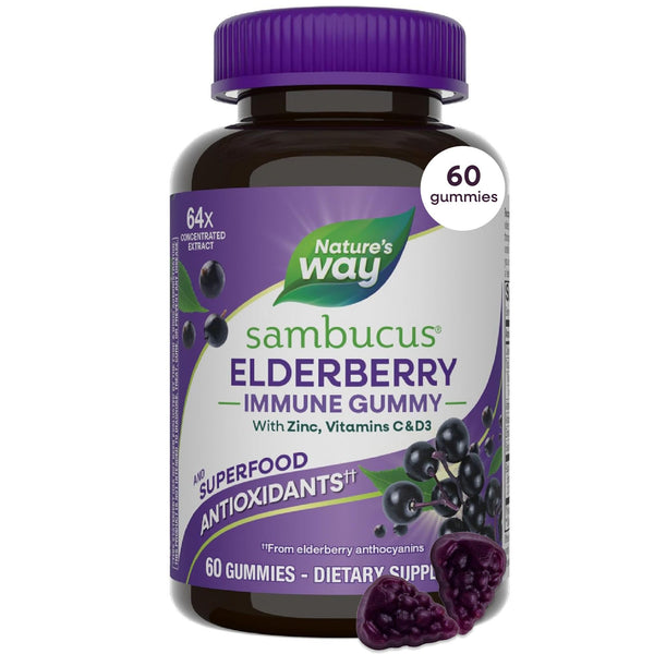 Nature’s Way Sambucus Elderberry Immune Gummies, Daily Immune Support for Kids and Adults*, with Vitamin C, Vitamin D3, Zinc, Gluten Free, Vegetarian, 60 Gummies (Packaging May Vary)