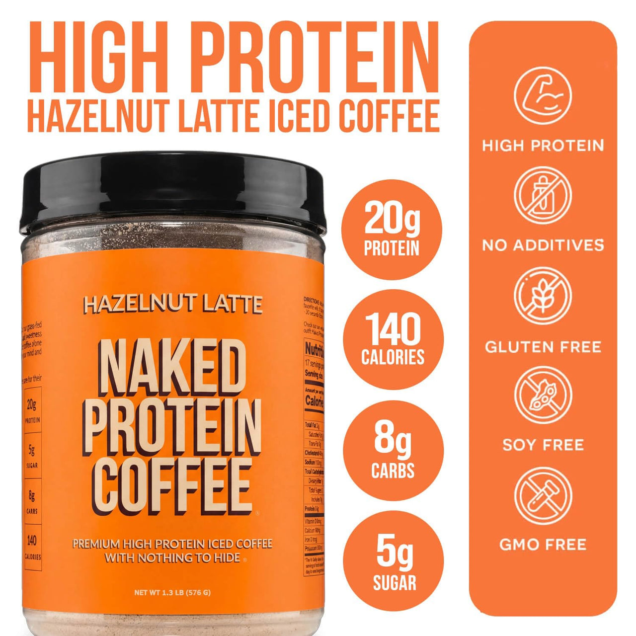 NAKED Hazelnut Latte Protein Coffee - Premium Colombian Iced Coffee Protein Shake Drink, Delicious Keto Friendly and Gluten Free, 17 Servings
