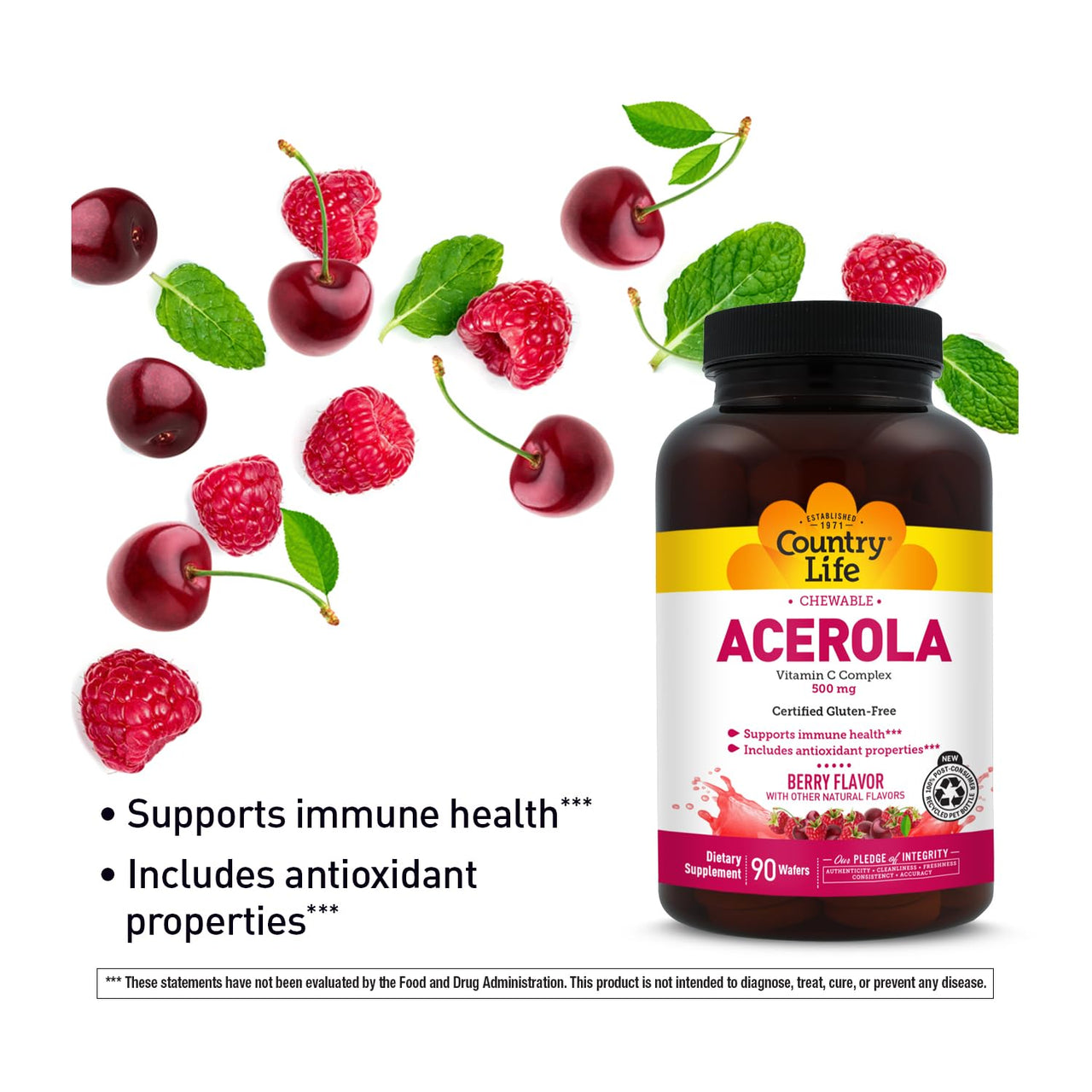 Country Life Acerola Vitamin C Complex, 500mg, Chewable Berry Flavored Wafers, Supports Immune Health, 90 Wafers, Certified Gluten Free by GFCO, Certified Vegan by AVA