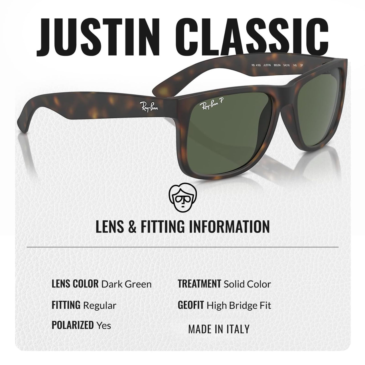 Ray-Ban RB4165 JUSTIN CLASSIC POLARIZED Square Shaped Sunglasses for Men & Women – Includes Official Rayban Eyewear Kit – Ideal Formal & Casual Wear Sunglasses – Dark Green Lens