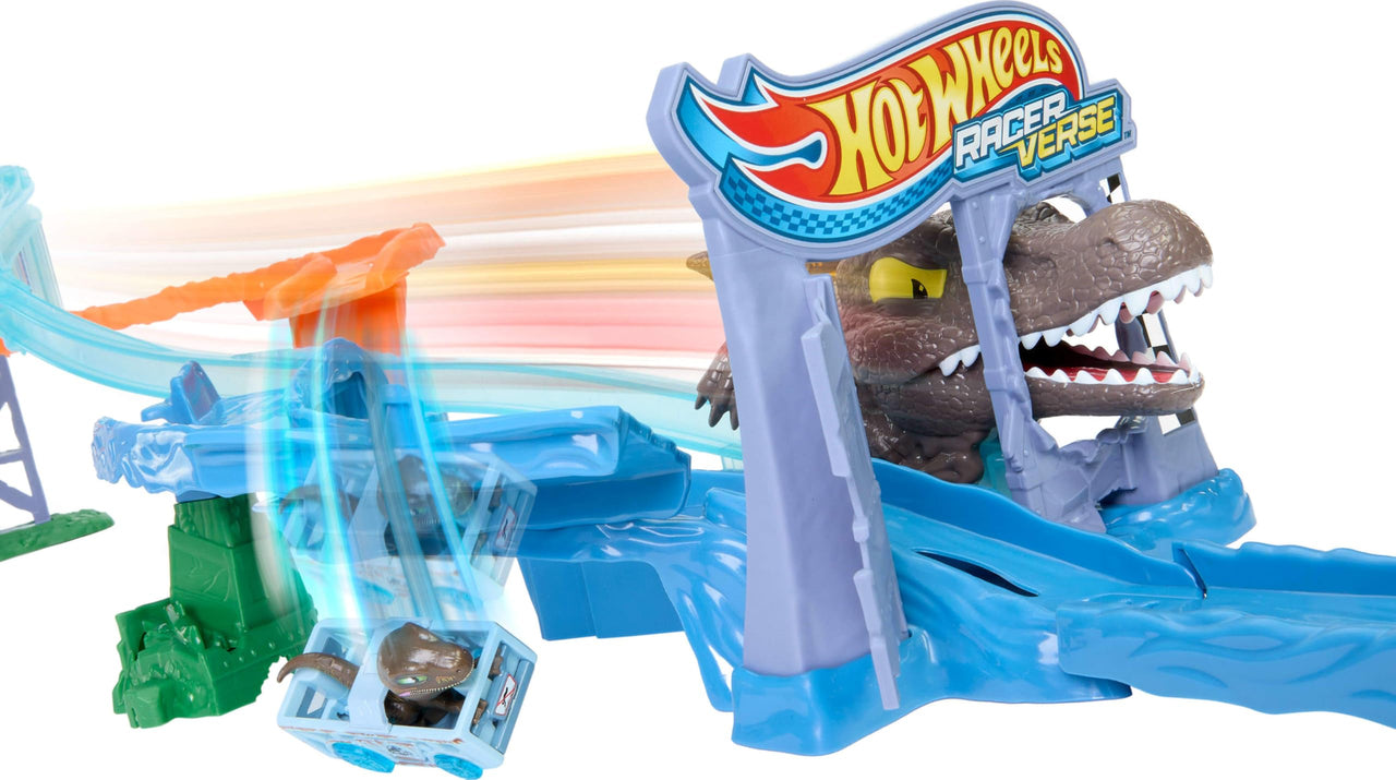 Hot Wheels Toy Car Track Set, RacerVerse Jurassic World Crash & Splash Playset with Die-Cast Velociraptor Vehicle, Dinosaur Race with Spinosaurus