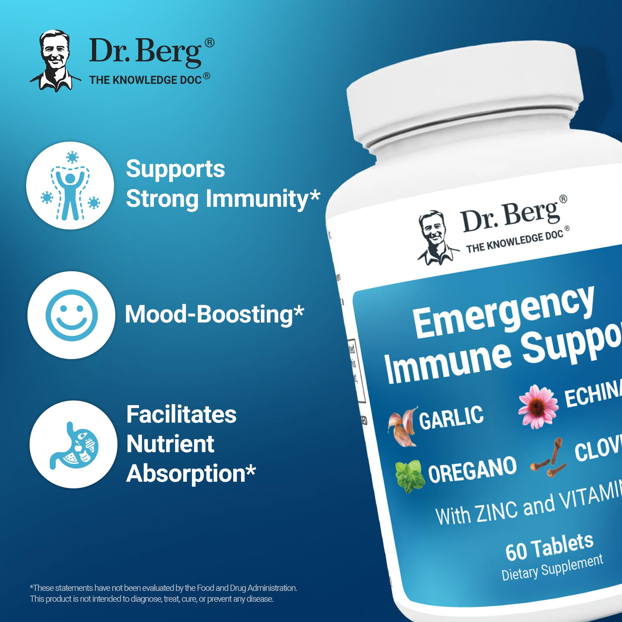 Dr. Berg Emergency Immune Support w/Echinacea - Potent Blend of Herbal Extracts (Warning: Strong Herbal Smells) - Immune Support Supplement Includes 2,000 IUs of Vitamin D & 10mg of Zinc - 60 Tablets