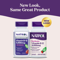 Thumbnail for Natrol Vitamin B12 5,000 mcg, Fast Dissolve Vitamin B12 Supplement Supports a Healthy Nervous System and Energy Metabolism, 100 Tablets, Up to a 100 Day Supply