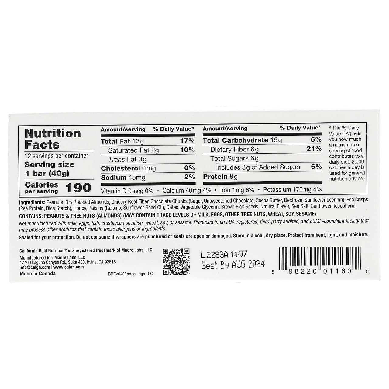 California Gold Nutrition Foods, Peanut & Dark Chocolate Chunk Bars with Dry Roasted Almonds, Chicory Root Fiber, Pea Crisps and Honey, 12 Bars, 1.4 oz (40 g) Each