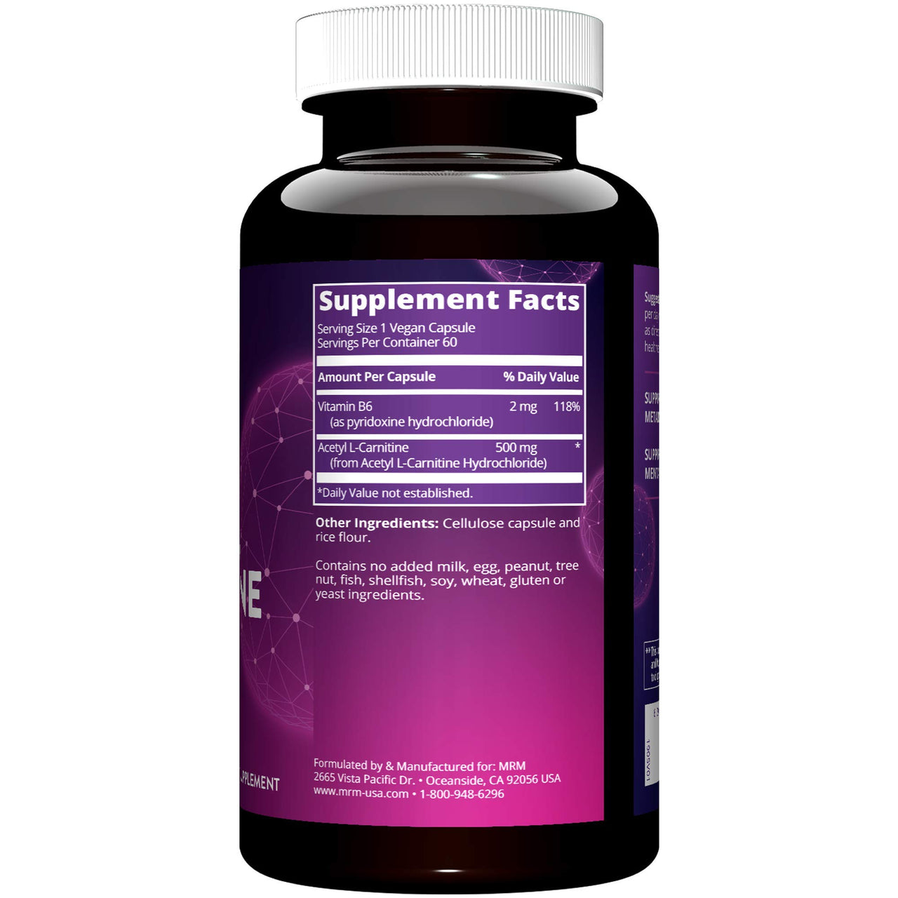 MRM Nutrition Acetyl L‑Carnitine 500mg - for Women and Men - Vegan ALC with Vitamin B6 to Support Healthy Cellular Energy Production & Cognitive Function, Vegan & Gluten‑Free Supplement - 60 Servings