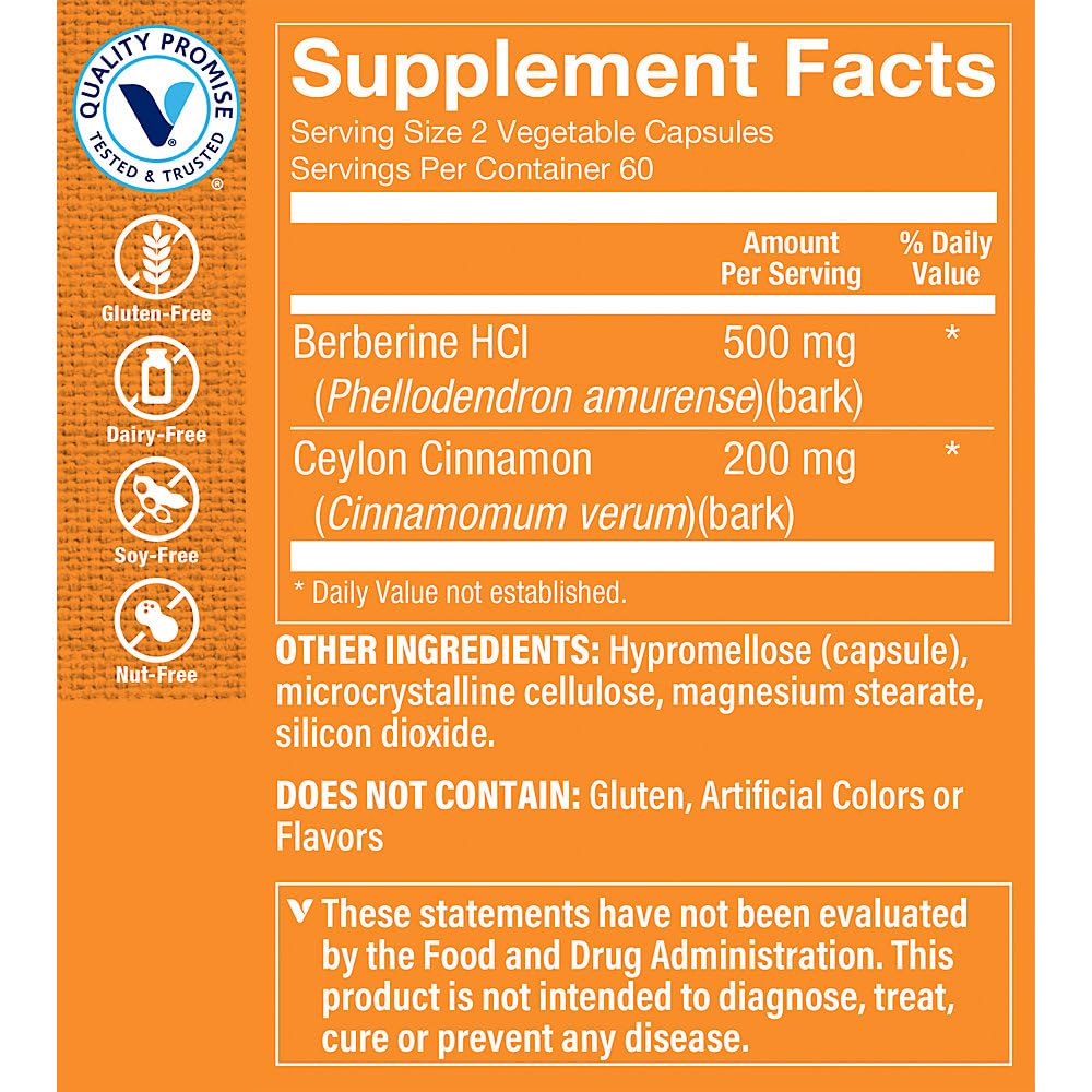 The Vitamin Shoppe Berberine Ceylon Cinnamon Supports Blood Sugar (120 Vegetable Capsules)
