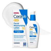 Thumbnail for CeraVe AM Facial Moisturizing Lotion SPF 50, Face Moisturizer with SPF, Hyaluronic Acid, Niacinamide & Ceramides, Non-Greasy, Blends Seamlessly With No White Cast, Non Comedogenic Sunscreen, 3 Oz