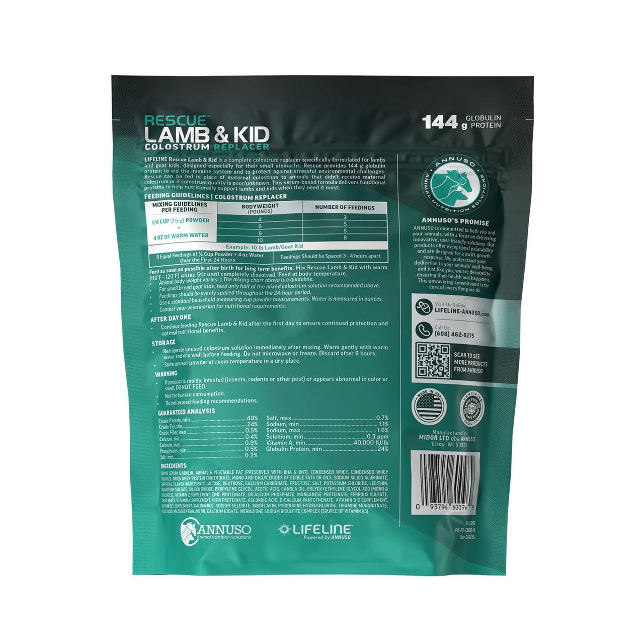 ANNUSO LIFELINE Rescue Lamb & Kid Colostrum Replacer, 1.3lb Bag - 144g Globulin Protein for Newborn Goats & Lambs - Immune Support, Fat, Vitamins, Minerals - Serum-Based, Easy-Mix Formula