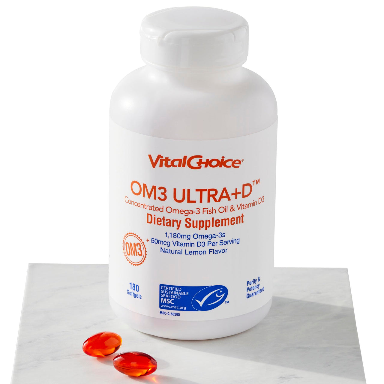 Vital Choice MSC Om3 Ultra+D Concentrated Omega-3 Fish Oil and Vitamin D3 Dietary Supplement, 180 Softgels