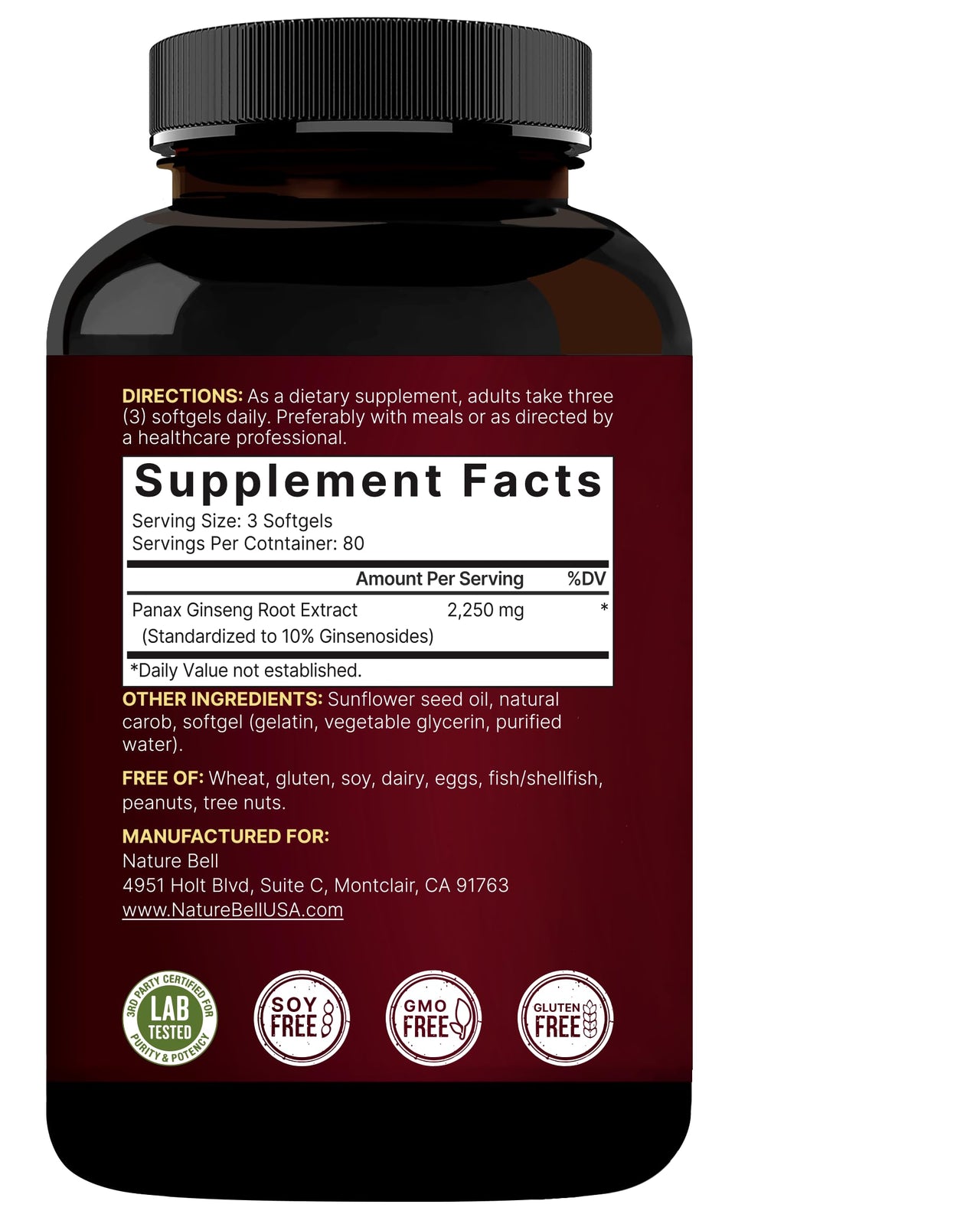 NatureBell Korean Red Ginseng 2,250mg Per Serving, 240 Softgels | Panax Ginseng Root, Standardized to 10% Ginsenosides, Non-GMO, Support Energy, Male Performance, & Immune System