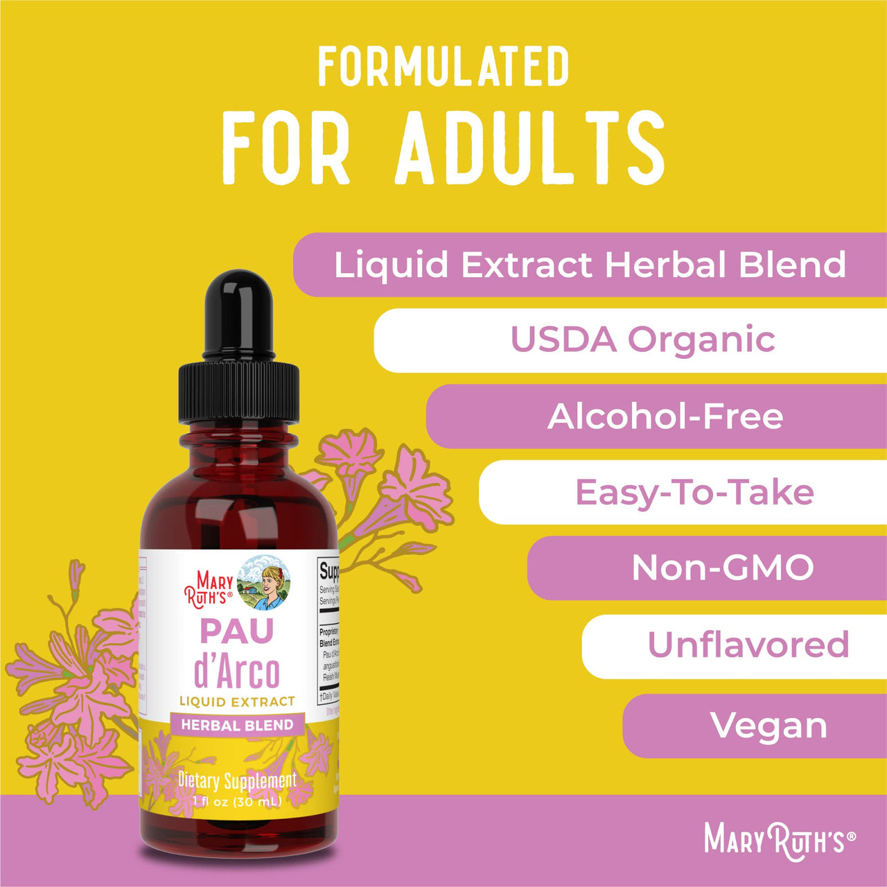MaryRuth Organics PAU D'Arco Herbal Blend | Reishi Mushroom | Echinacea angustifolia Root | Usnea Lichen | Thyme Leaf | Vegan | Non-GMO Project Verified | Gluten Free | 30 Servings | 1 Fl Oz