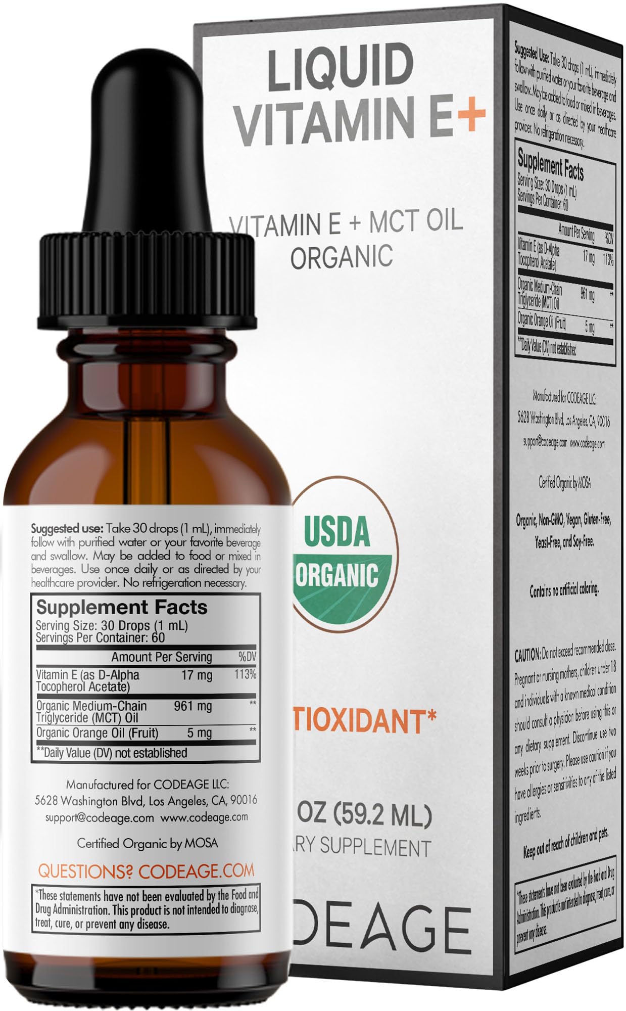 Codeage Liquid Vitamin E+ - USDA-Certified Organic Vitamin E - 2-Month Supply - D-Alpha Tocopherol Acetate, Organic MCT Oil, Orange Fruit Oil, Unflavored, Non-GMO, Vegan, Gluten-Free, 2 fl oz