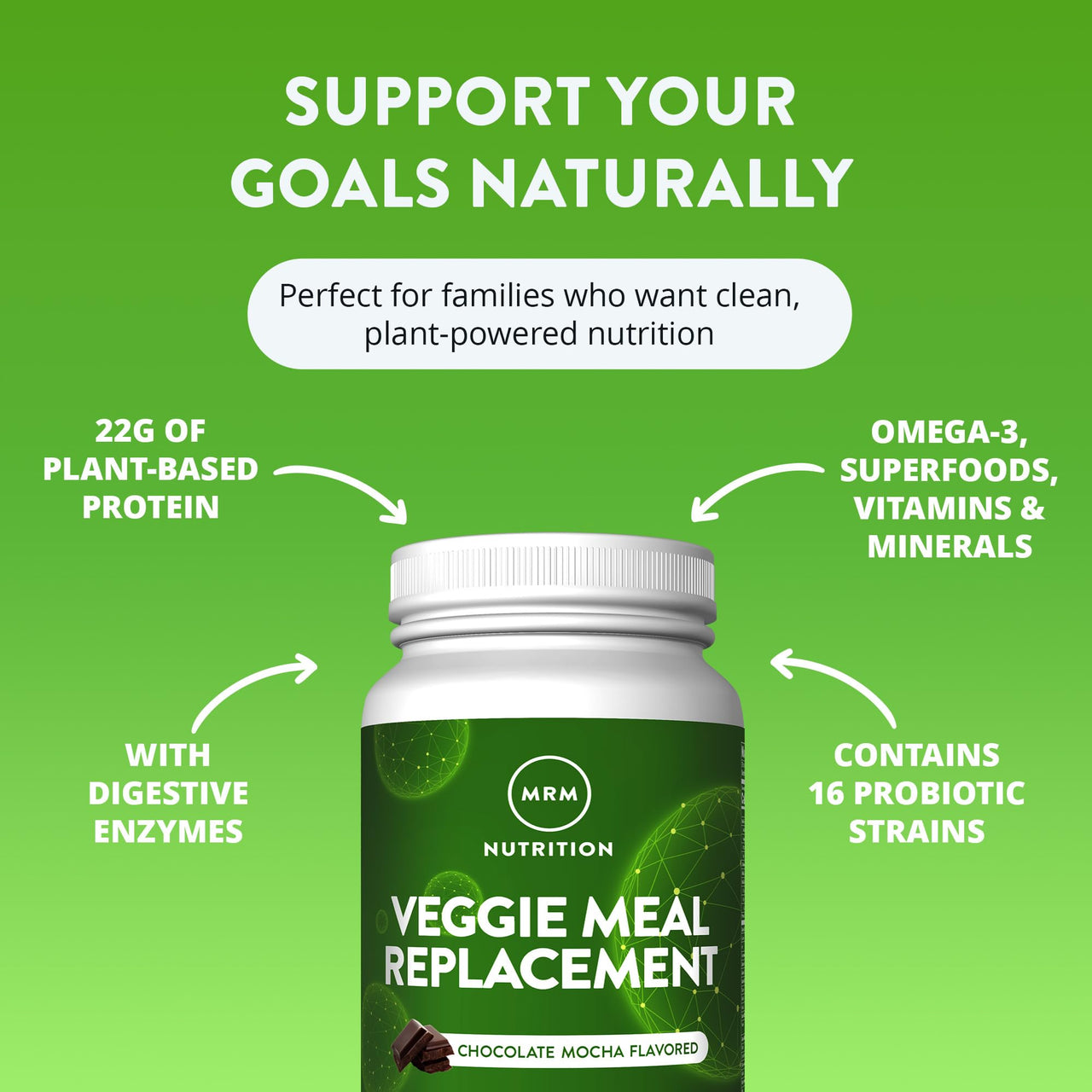 MRM Nutrition Veggie Meal Replacement Protein - Chocolate Mocha Flavored, 22g Vegan Protein for Women & Men, Macronutrient Formula with Enzymes & Amino Acids - 28 servings