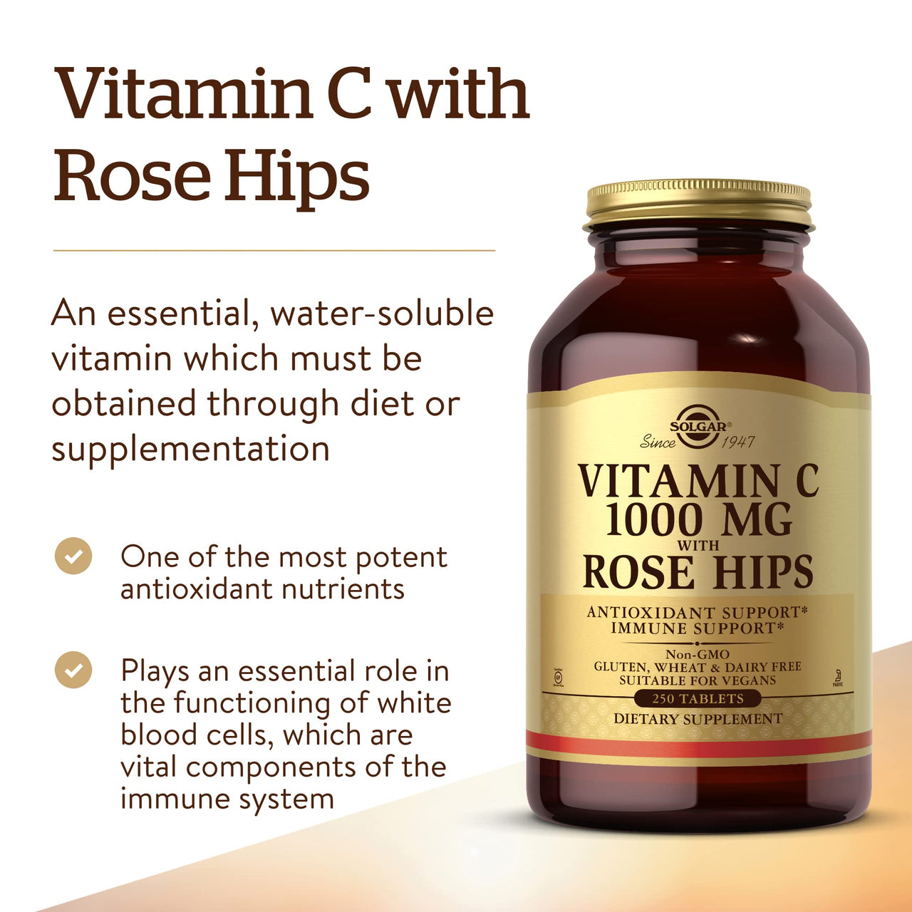 Solgar Vitamin C 1000 mg with Rose HIPS, 250 Tablets - Antioxidant & Immune Support - Overall Health - Supports Healthy Skin & Joints - Non-GMO, Vegan and Kosher - 250 Servings