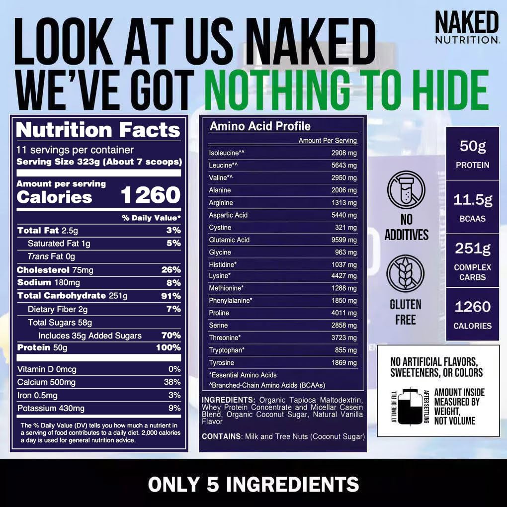 NAKED Vanilla Mass Gainer (8LB Bulk) Creatine Monohydrate 500g (100 Servings) – Non-GMO; Gluten Free; Soy Free; No Fillers; Strength Support