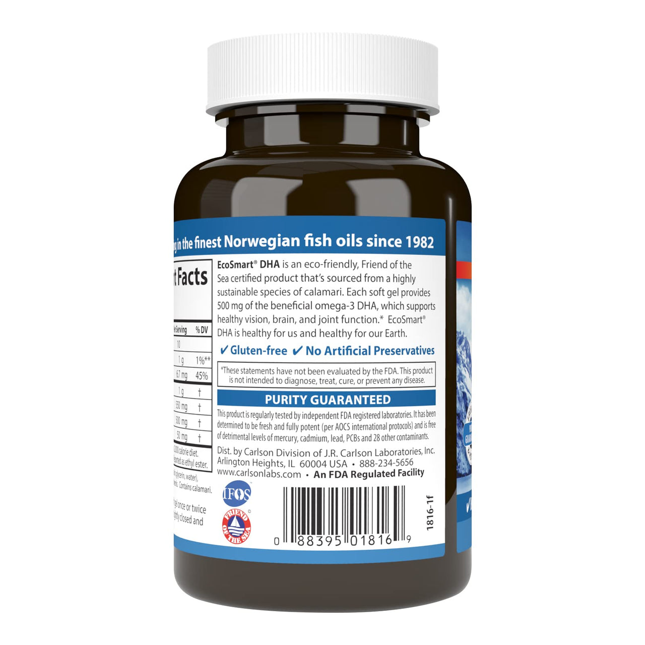 Carlson - EcoSmart DHA 500, Sustainable Source, Supports Healthy Vision & Brain Function, Lemon, 60 soft gels