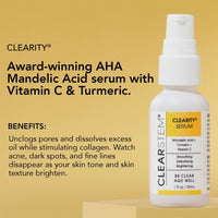 Thumbnail for CLEARSTEM - CLEARITY The Blackhead Dissolver Mandelic Acid Serum - Vitamin C, Turmeric, Collagen Boost - All Skin Types - Facial Skin Care Products - Vegan, Gluten Free, Cruelty Free - 1 fl oz / 29ml