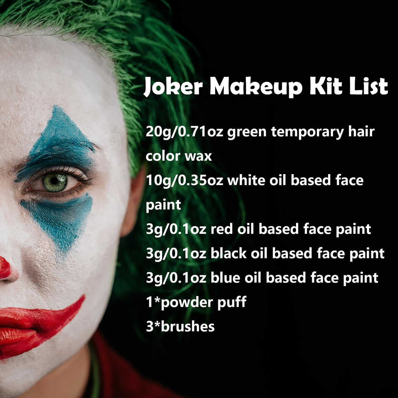 Halloween Joker Clown Makeup Kit - Joker Make Up Kit Includes White Red Black Blue Oil Based Face Body Paint and 20g Green Temporary Hair Color Wax, Powder Puff and 3 Blue Brushes, for Joker Cosplay