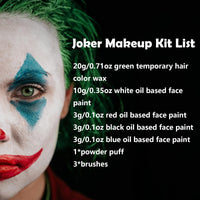 Thumbnail for Halloween Joker Clown Makeup Kit - Joker Make Up Kit Includes White Red Black Blue Oil Based Face Body Paint and 20g Green Temporary Hair Color Wax, Powder Puff and 3 Blue Brushes, for Joker Cosplay