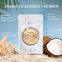 Thumbnail for Micro Ingredients Vitamin D3 10,000 IU + K2 MK-7 200 mcg, 300 Softgels with Virgin Coconut Oil | 2-in-1 Vitamins D & K Complex | Extra Strength, Easy to Swallow, Non-GMO, Gluten Free