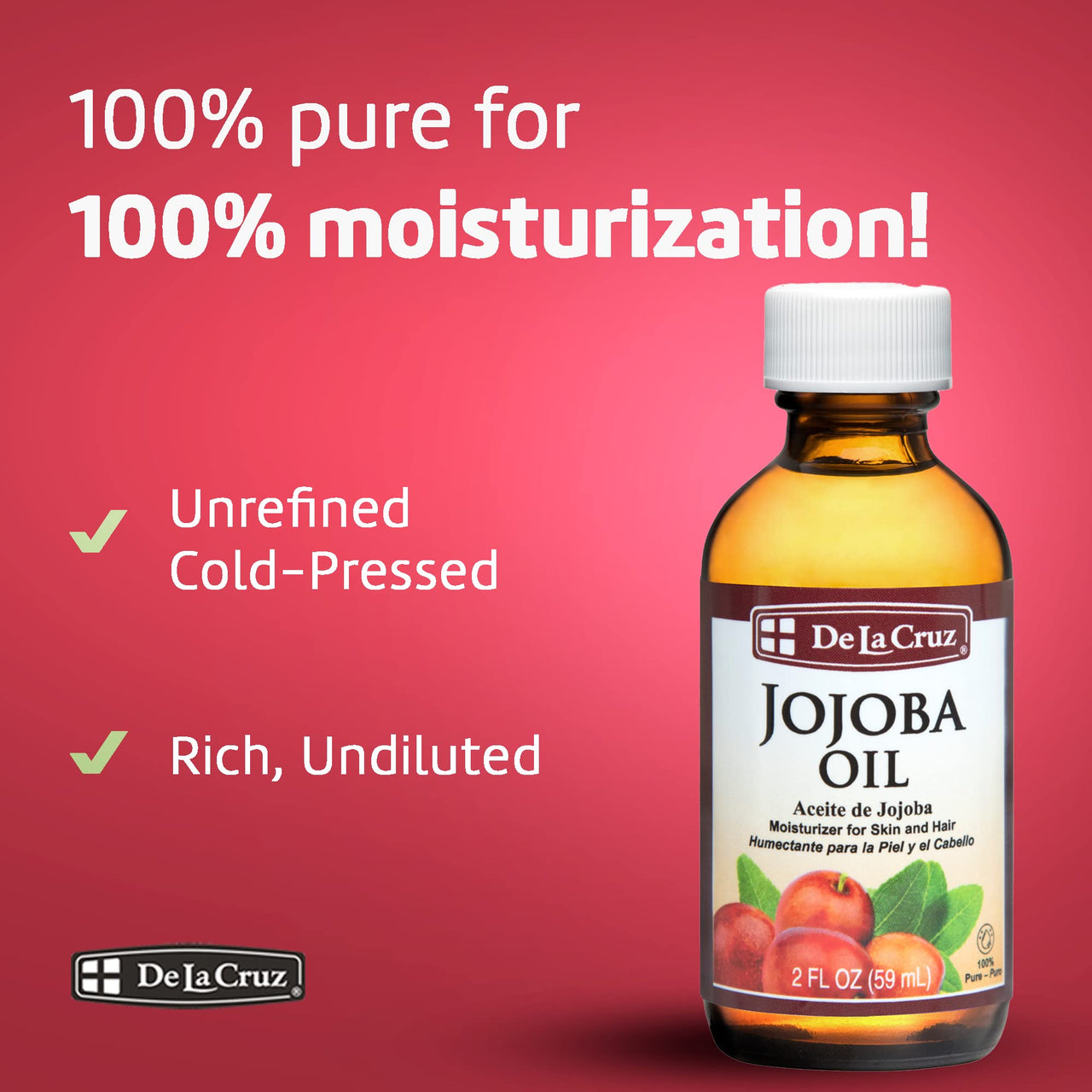 De La Cruz Pure Jojoba Oil, Expeller-Pressed, Hexane-Free, Non-GMO, Bottled in USA 2 FL. OZ. (1 Bottle)