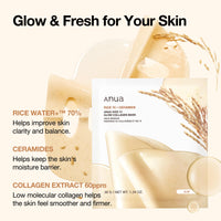 Thumbnail for ANUA Rice 70 Glow Collagen Mask, Overnight Face Mask for Glass Skin, Ceramide, Collagen Facial Mask, Skin Moisture Barrier, Tightening Care, Natural Color, Korean Skin Care (38g, 4ea)
