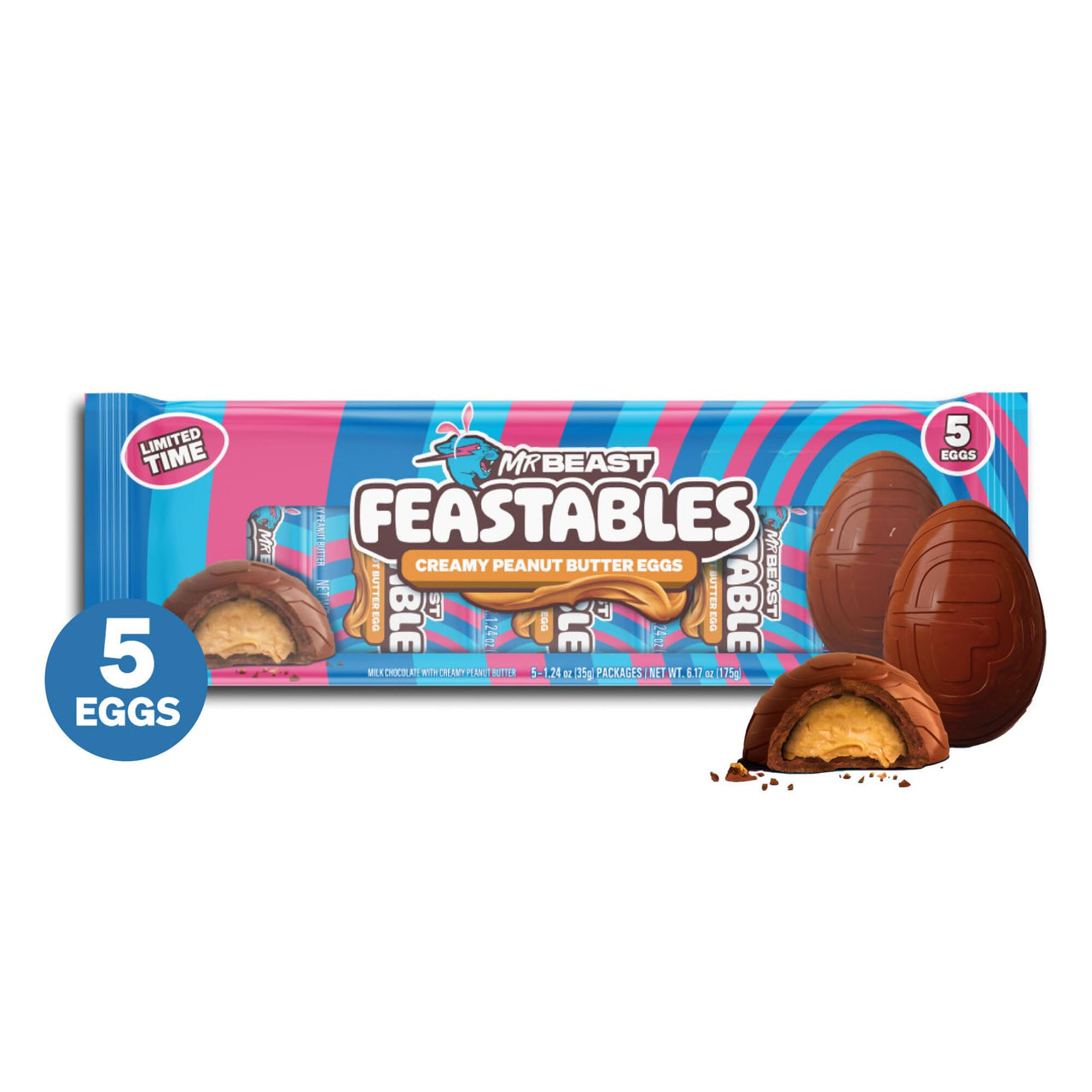 MrBeast Feastables Creamy Peanut Butter Eggs, Easter Limited Edition, 5 Count, Milk Chocolate with Peanut Butter Filling, 1.24oz Each