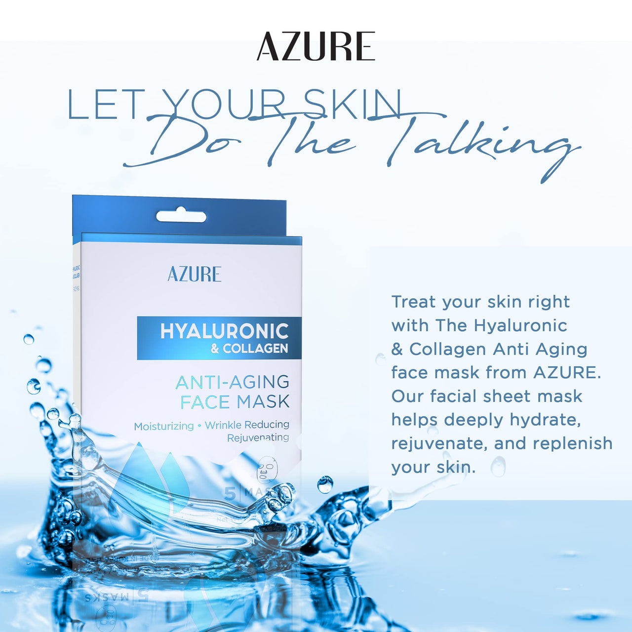 Azure Cosmetics Hyaluronic Acid & Collagen Anti Aging Sheet Facial Mask - Rejuvenating & Moisturizing Face - Helps Reduce Fine Lines & Wrinkles, Tightens & Smooths - Made in Korea - Pack of 5