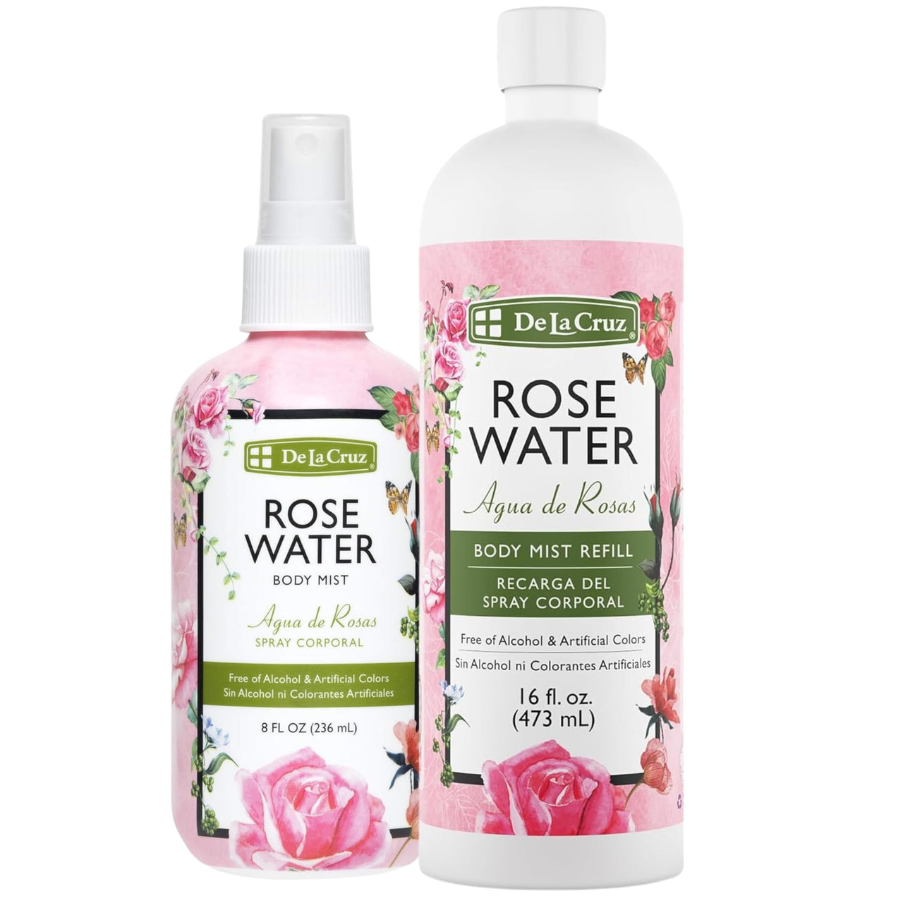 De La Cruz Rose Water Body Mist Bundle – 8 fl oz Spray & 16 fl oz Refill – Refreshing Rose Water Spray for Face, Skin, and Hair – Soothing Aroma & Hydration Pair
