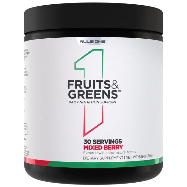 Rule 1 Proteins Fruits & Greens Powder - 40+ Active Ingredients Including 4g Fruit & Vegetable Concentrates + 2g Prebiotic Fiber for Daily Wellness (30 Servings, Mixed Berry)