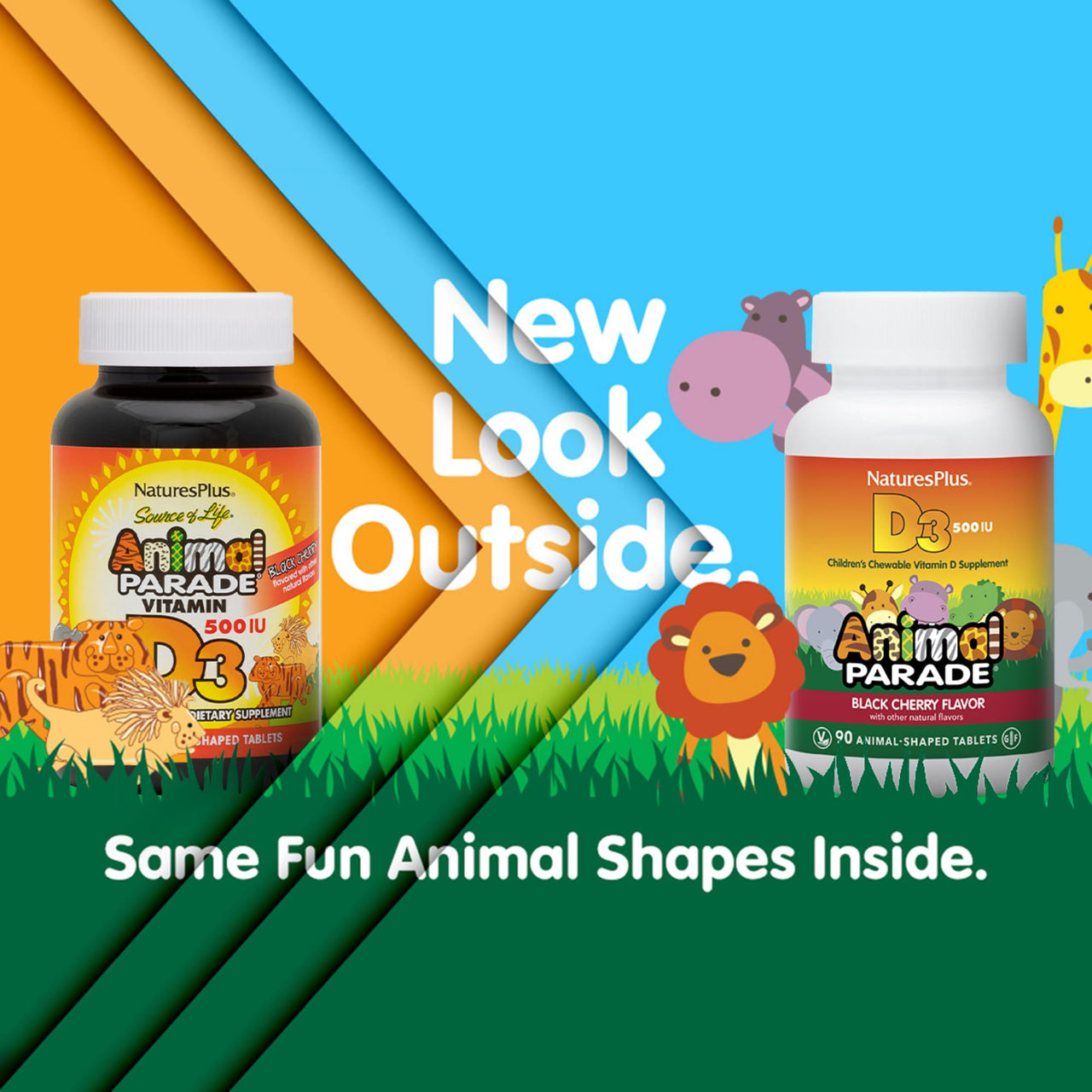 NaturesPlus Animal Parade Vitamin D3 Children’s Chewables - Black Cherry Flavor - 90 Animal-Shaped Tablets, Pack of 2 - Gluten Free, Vegetarian, Hypoallergenic - 180 Total Servings