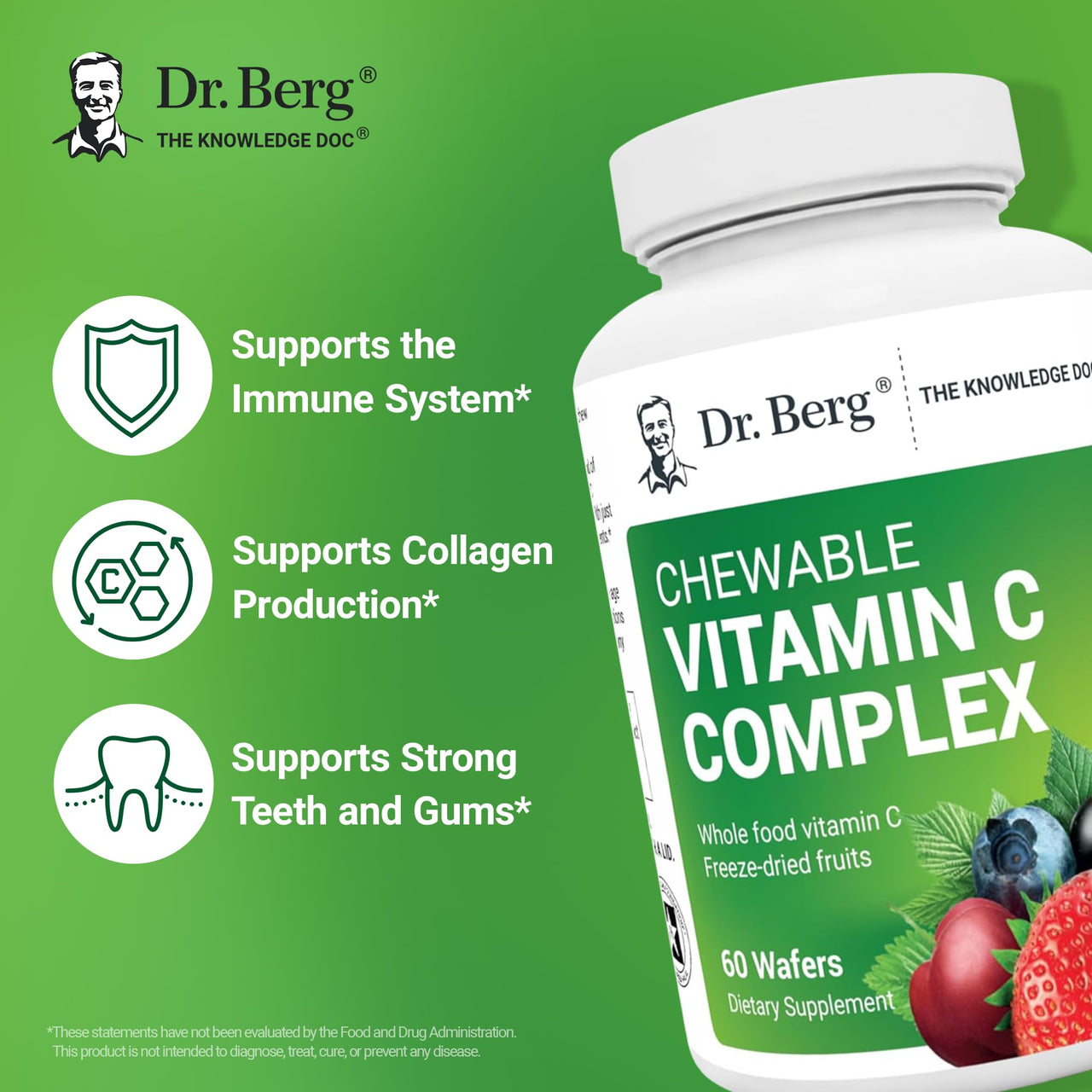 Dr. Berg Chewable Vitamin C Complex - Made with Organic, Non-GMO Berries - 60 Delicious Wafers