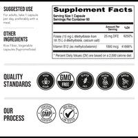 Thumbnail for L Methyl Folate 15mg Plus Methyl B12 Cofactor – High Potency, Active 5-MTHF Form - Supports Mood, Methylation, Cognition – Bioactive Forms of Vitamin B9 & B12 (60 Capsules – 60 Servings)
