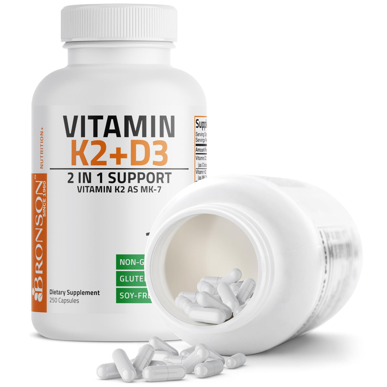 Bronson Vitamin K2 (MK7) with D3 Supplement Non-GMO Formula 5000 IU Vitamin D3 & 90 mcg K2 MK-7 Easy to Swallow D & K Complex, 250 Capsules