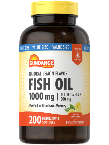 Sundance Fish Oil Softgels 1000mg with Active Omega-3 | 200 Softgels | Natural Lemon Flavor | Non-GMO and Gluten Free Supplement