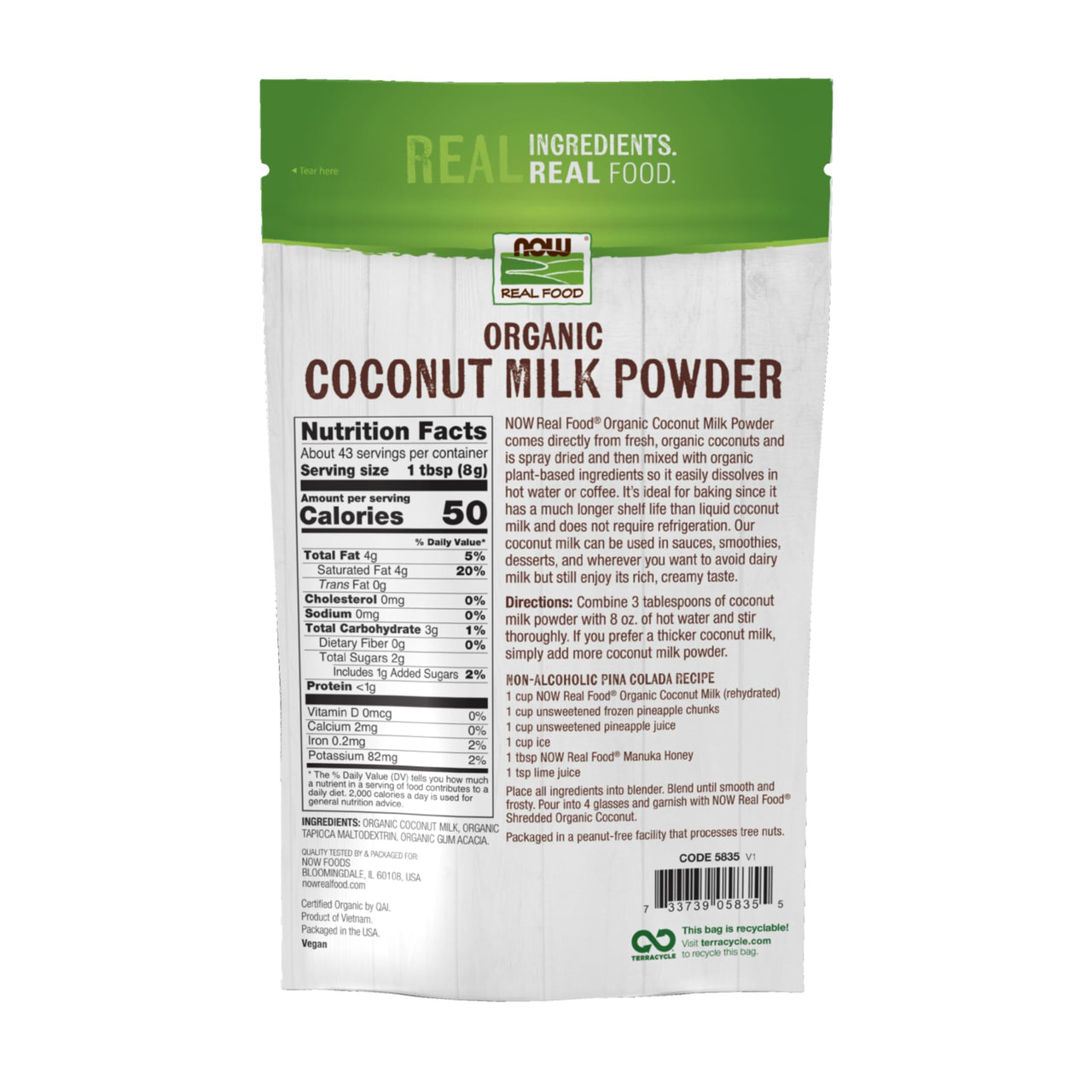 NOW Foods, Organic Coconut Milk Powder, Dairy Free/ Vegan, Just Add Water, 12-Ounce