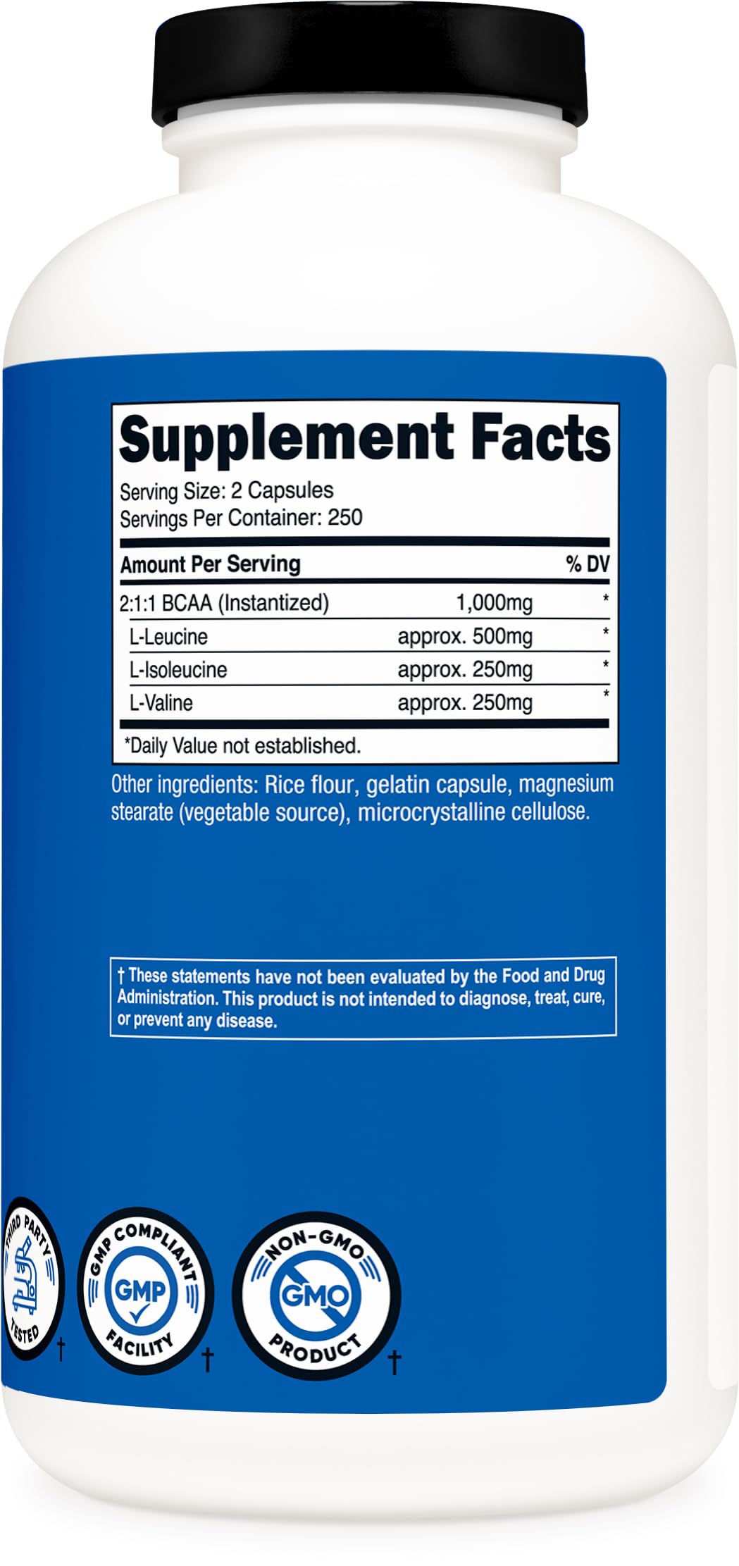 Nutricost BCAA 1000mg, 500 Capsules (250 Serv), 2:1:1 Branched Chain Amino Acids (500mg of L-Leucine, 250mg of L-Isoleucine and L-Valine)