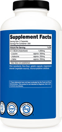Thumbnail for Nutricost BCAA 1000mg, 500 Capsules (250 Serv), 2:1:1 Branched Chain Amino Acids (500mg of L-Leucine, 250mg of L-Isoleucine and L-Valine)
