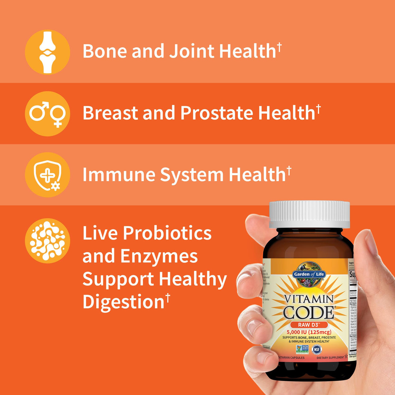 Garden of Life Vitamin D, Vitamin Code Raw D3, Vitamin D 5,000 IU, Raw Whole Food Supplements with Chlorella, Fruit, Veggies & Probiotics for Bone & Immune Health, 60 Vegetarian Capsules