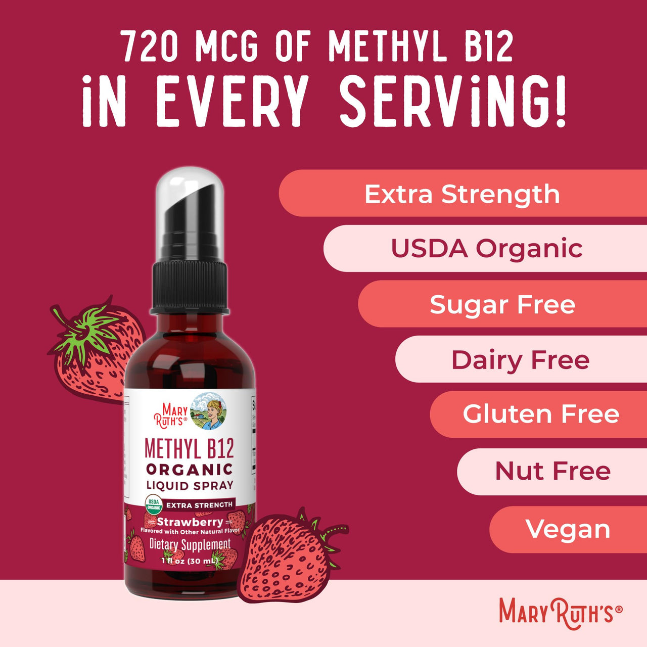MaryRuth Organics Vitamin B12 Liquid Spray | Vegan, Non-GMO, Gluten-Free | USDA Organic Supplement | Energy & Nervous System Support | B12 Vitamins for Women & Men | 720 mcg | 1 Fl Oz