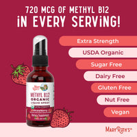 Thumbnail for MaryRuth Organics Vitamin B12 Liquid Spray | Vegan, Non-GMO, Gluten-Free | USDA Organic Supplement | Energy & Nervous System Support | B12 Vitamins for Women & Men | 720 mcg | 1 Fl Oz