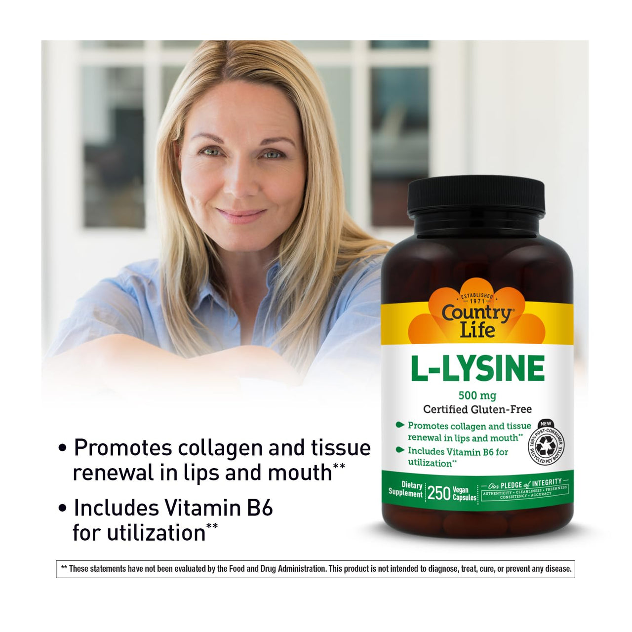 Country Life L-Lysine 500mg with B-6, Supports Immune Health, Promotes Collagen Renewal in Lips and Mouth, 250 Vegan Capsules, Certified Gluten Free, Certified Vegan