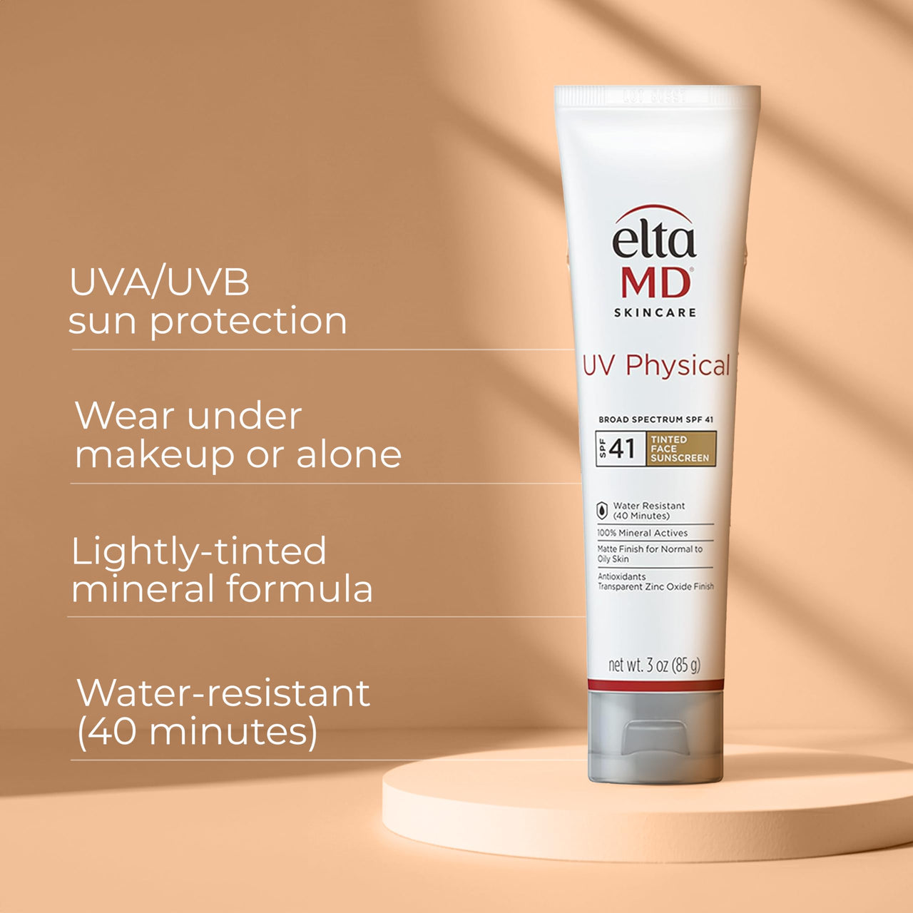 EltaMD UV Physical Tinted Mineral Sunscreen for Face SPF 41, 100% Mineral Actives Tinted Face Lotion, Water Resistant, Paraben-Free, Transparent Zinc Oxide Finish, Facial Travel Size Sunscreen 3 oz