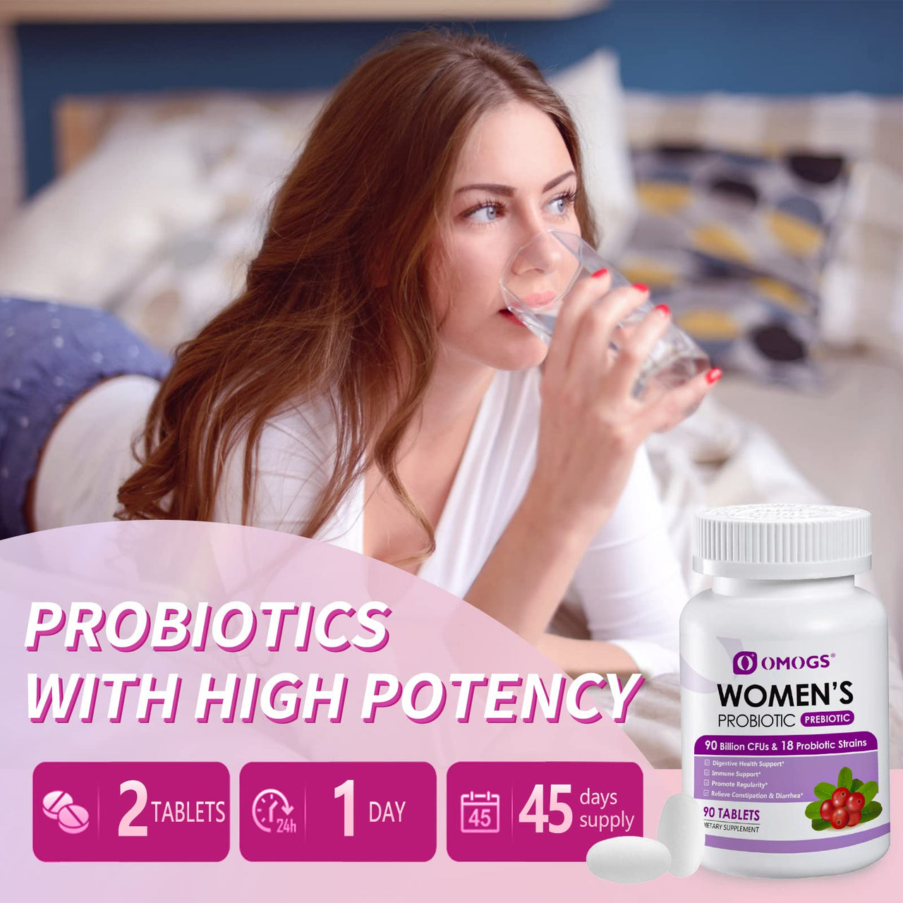 OMOGS Women's Probiotic, with Cranberry Extract, Organic Prebiotics & Vitamin C, 90 Billion CFUs,18 Strains, Help for Boost Immune, Digestive, Gut Health & Women's Health, Gluten & Soy Free,90 Tablets